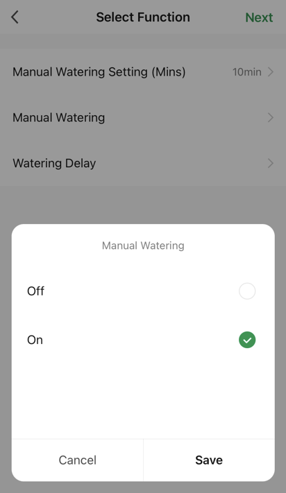 Manual Watering screen